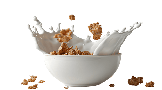 Dynamic Splash of Milk and Crunchy Cereal in a Bowl Capturing the Moment of Impact for Food Ph png