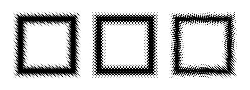 Black halftone square frame set. Dotted gradient border collection. Pop art comic picture holders for banner template, emblem, poster, box, copy space, collage. Rasterized frame element bundle vector