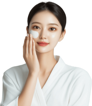 A woman in a robe is holding a cream on her face png