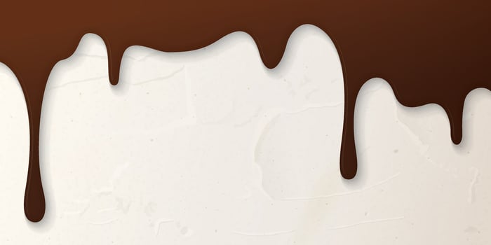 Melted chocolate flows onto cream cake surface horizontal background graphic illustration have blank space. vector