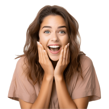 Joyful young woman expressing delight indoor studio realistic photo seamless emotion natural light happiness concept png