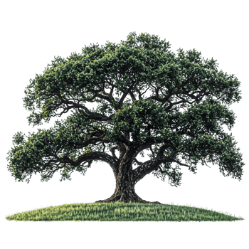 isolated oak tree on grass, transparent background. png