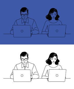 Business Teamwork Illustration of a Man and Woman Working on Laptops in an Office Environment, Collaboration and Productivity Concept for Workplace, Remote Work, Technology, and Professional Growth vector