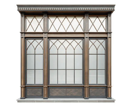 Historic building facade with large windows on a transparent background png