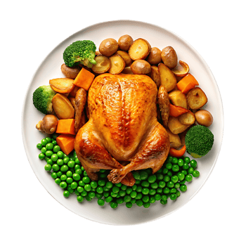 Roasted chicken with vegetables on a white plate png