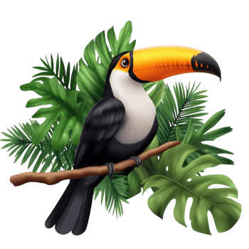 Tropical Toucan Bird Resting on a Branch with Large Green Leaves in the png