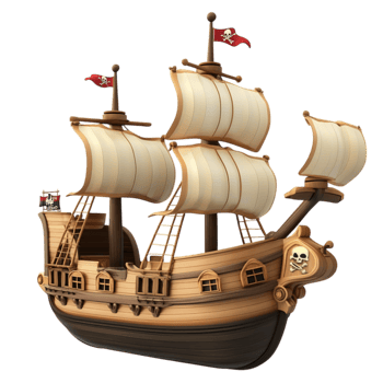 Vintage Wooden Sailing Ship with White Sails and Pirate Flag on the Mast png