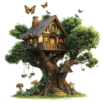 Enchanting Treehouse Built on a Large Tree with Wooden Stairs and Green Foliage png