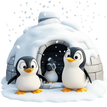 Two Baby Penguins Standing Outside a Snowy Igloo with Snowflakes Falling png
