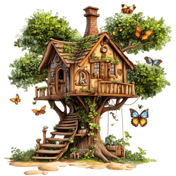 Magical Wooden Treehouse with a Chimney Surrounded by Butterflies and Lush Greenery png