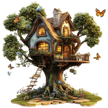 Fantasy Treehouse with Warm Lights Built Among Branches in a Whimsical Forest png