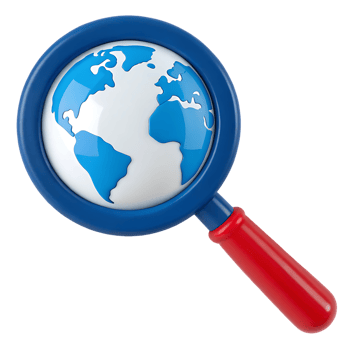 Magnifying glass over world map. Global search concept. png