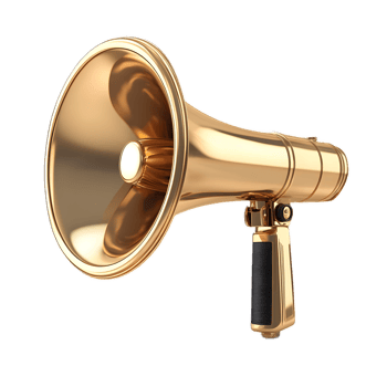 A golden megaphone for marketing and announcements long title A shiny metallic golden megaphone used for broadcasting messages promotions and calls png