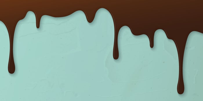 Melted chocolate flows onto green mint cream cake surface horizontal background graphic illustration have blank space. vector