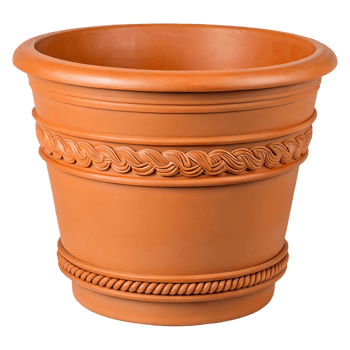 Terracotta style plastic planter with decorative bands. png
