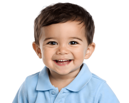 A toddler with dark hair wearing a blue polo shirt smiles broadly showing his teeth against a plain background png