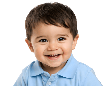Close up portrait of a happy baby boy with brown hair wearing a light blue collared shirt smiling png