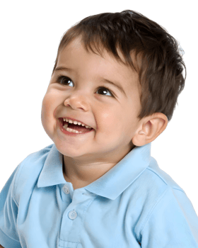 Smiling toddler in blue shirt looks up with a happy expression on a transparent background png