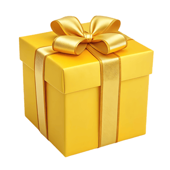 Yellow gift box with golden ribbon and bow. png