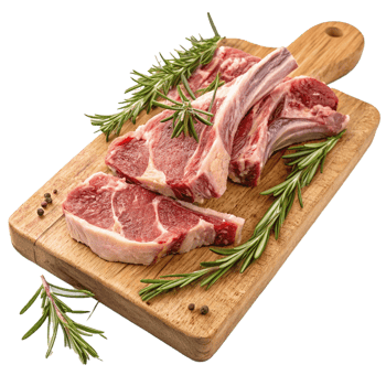 Raw lamb chops on wooden chopping board on transparent background png