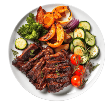 Plate of Grilled Ribs and Vegetables isolated on transparent background png