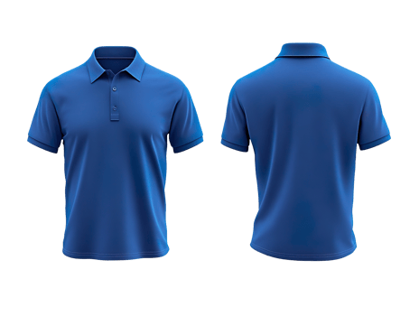 plain blue polo t-shirt mockup design, front and back view isolated on a transparent background png