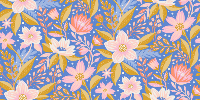 A seamless floral pattern with delicate pink and white flowers, golden leaves, and a soft blue background. A perfect design for textiles, packaging, wallpapers, fabric prints, stationery, gift wrap. vector