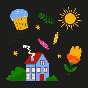 Colorful illustration of a house with festive elements against a dark background vector
