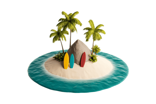 Tropical island with surfboards and palms on clear bg png