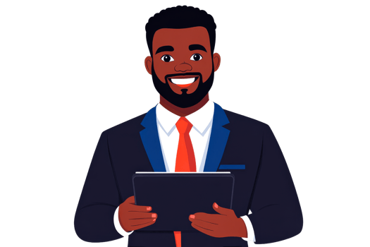 Professional man in business suit holding tablet with confidence png