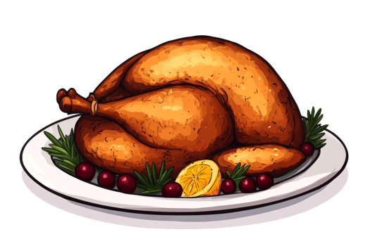 Roasted turkey with lemon and cranberries on a decorative plate png
