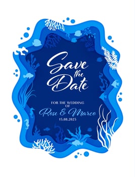 Save the date invitation with paper cut underwater vector