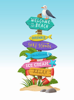 Summer beach wooden sign board, travel vacations vector