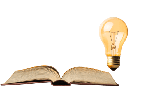 Open book beside glowing light bulb on transparent background png