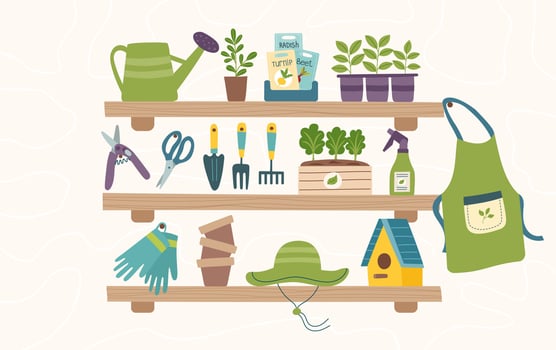Gardening concept banner with seedlings, seeds and garden equipment. Spring, gardening, farming and greening concept. vector