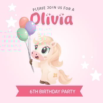Whimsical unicorn birthday invitation with a light unicorn holding colorful balloons vector