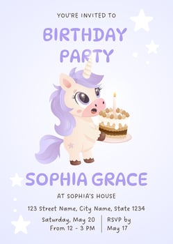 Sweet unicorn birthday invitation featuring a purple-maned unicorn holding a frosted cake vector