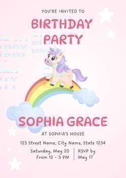 Pastel unicorn walking on rainbow with clouds in a sweet birthday invitation design vector