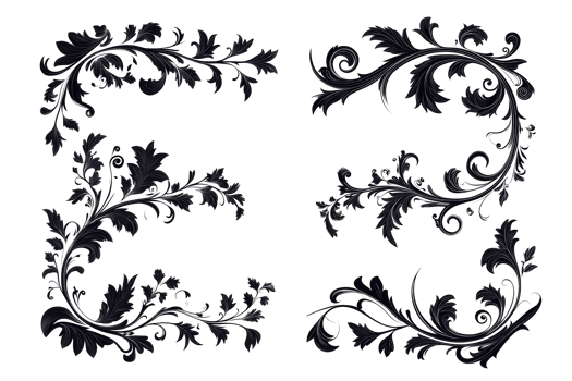 Elegant black floral designs with intricate details and curls png
