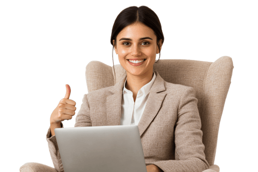 Professional woman smiling and giving thumbs up while working png