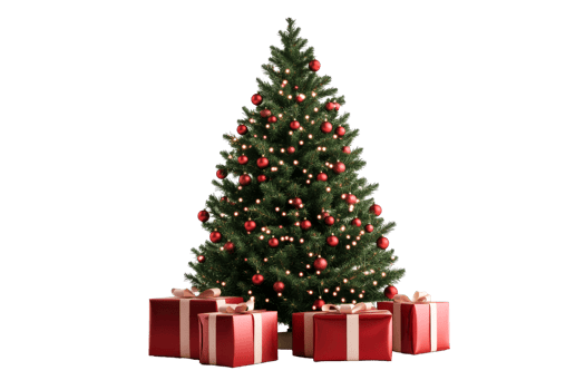 Christmas tree with red ornaments and gifts under the branches png