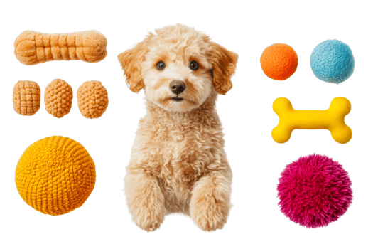 Cute dog surrounded by colorful toys on a transparent background png