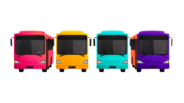 Colorful buses lined up with a transparent background png