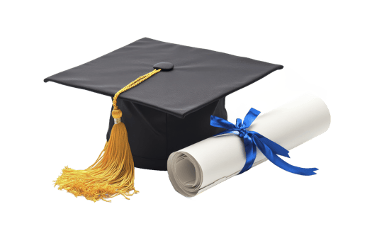 A graduation cap, diploma and tassel png