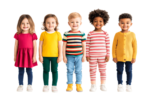 Brightly dressed children standing in a line with playful expressions png
