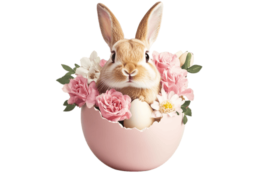 Cute rabbit in a pastel egg surrounded by blooming flowers png