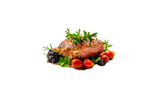 Juicy steak with herbs and cherry tomatoes on transparent background png