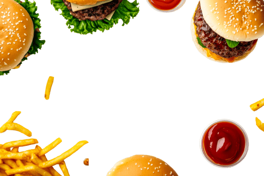 Delicious burgers and fries with toppings on a transparent background png