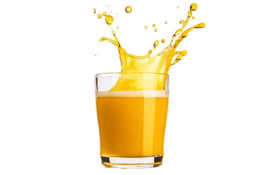 A vibrant orange drink splashes out of a transparent glass png