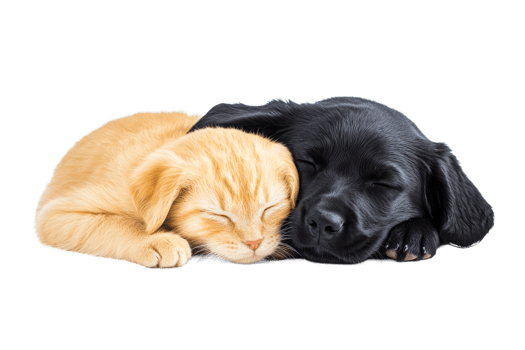 Cute kitten and puppy sleeping together on a soft surface png